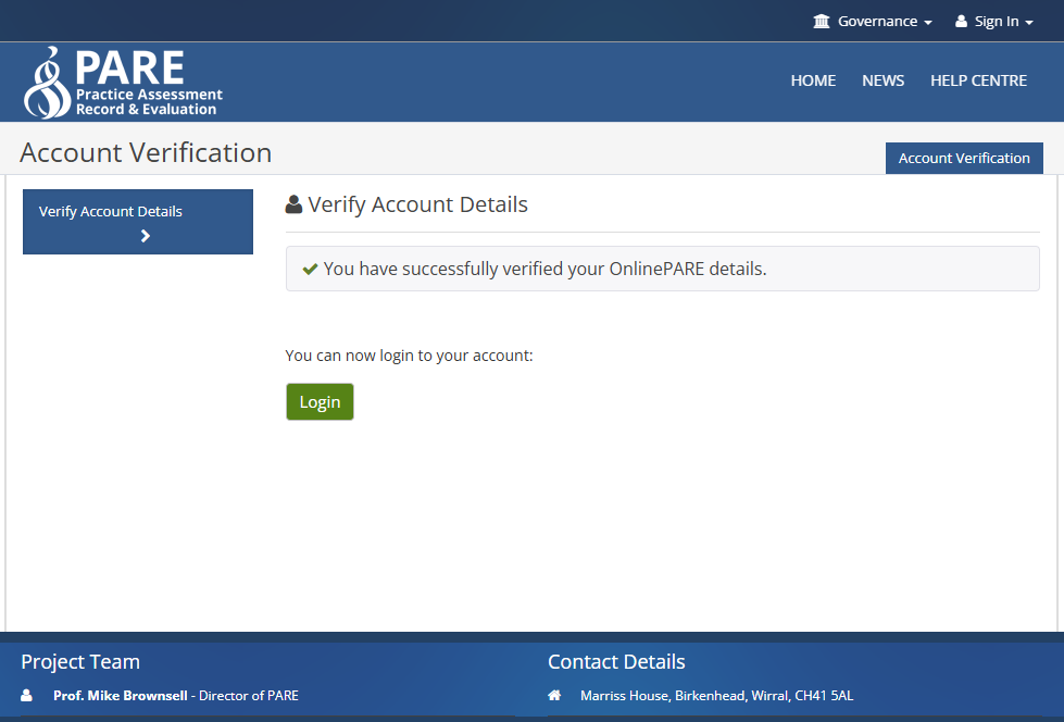 Screenshot of the account verification page with a confirmation message which states 'you have successfully verified your OnlinePARE details'
