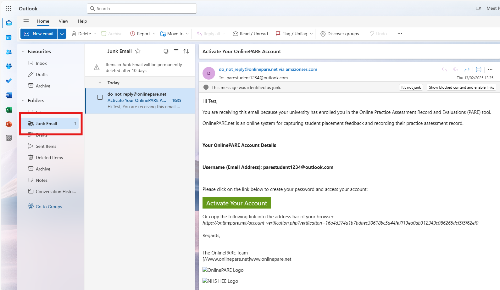 Screenshot of an email inbox with the junk folder highlighted