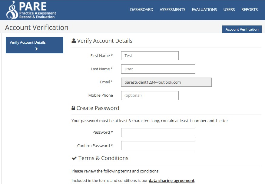 Screenshot of the account verification page, showing the account's basic details and the Create Password section