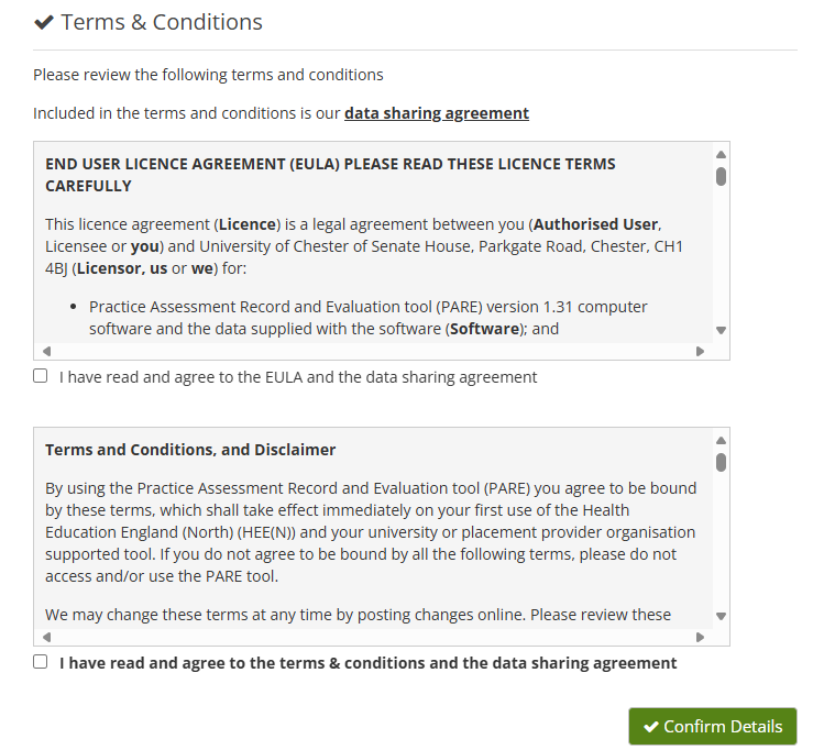 Screenshot of the PARE Terms and Conditions page showing the End User Licence Agreement and Disclaimer